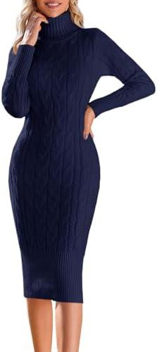 Fangetey Womens Long Sleeve Turtleneck Sweater Dresses Knitted Bodycon Midi Sheath Jumper Dresses M, Navy Blue