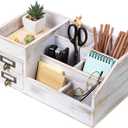 Distressed Rustic Wooden Office Desktop Organizer Shelf Tabletop Home Organizer Storage with Multiple Compartments 2 Tier Drawers perfect Jewelry storage Display Box for Desk Vanity (Washed white)