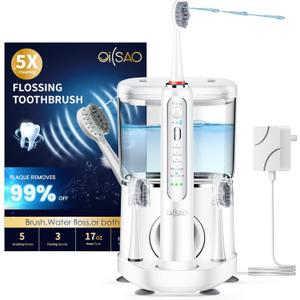 Electric Toothbrush with Water Flosser, Advanced 2.0 Flossing Toothbrush Combo in One with 500 ML Tank & 30-Day Battery,5 Modes & 3 Speeds,for Adults, Implants, Sensitive Gum, Braces Care,White