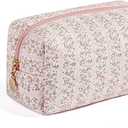 Cute Floral Makeup Bag Small Cotton Quilted Cosmetic Bag, Aesthetic Essential Bag Emergency Bag Gift for Women Girls Travel Accessories (Pink Floral)