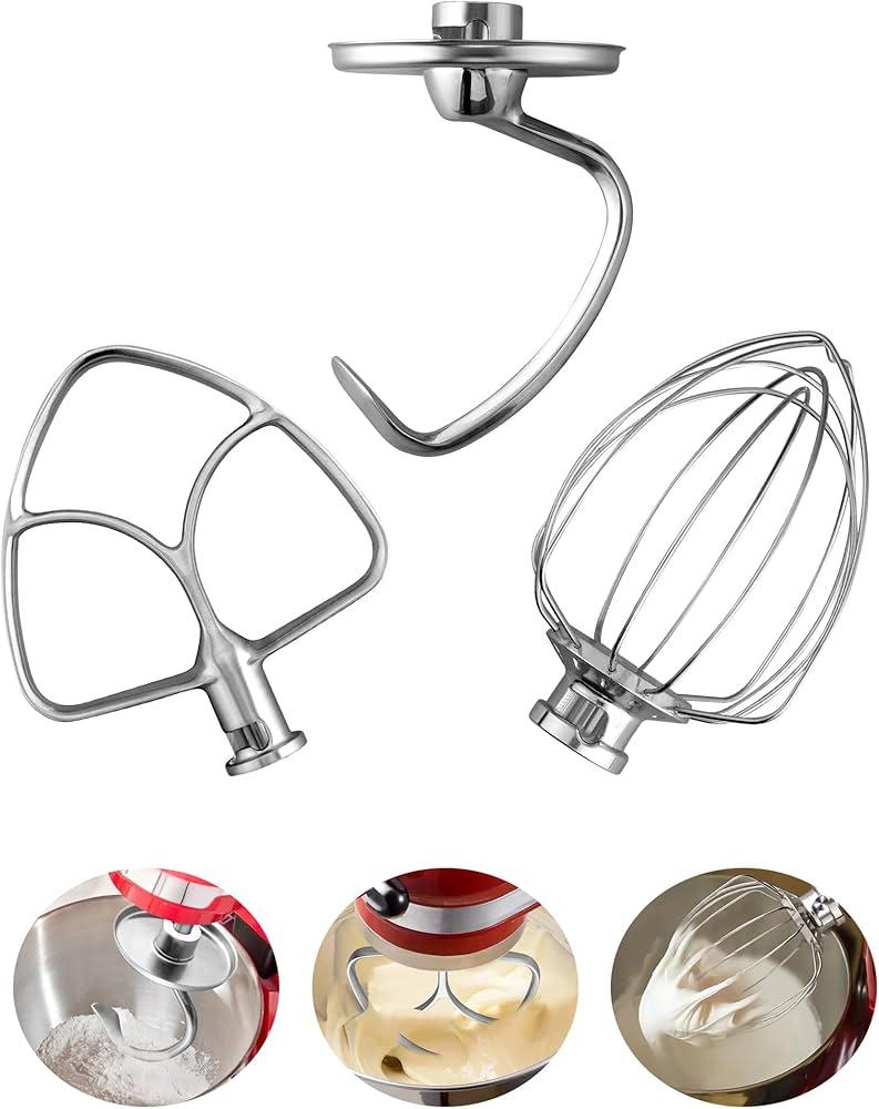 3 x KitchenAid 4.5-5 QT Stand Mixer Accessories - Stainless Steel Kitchenaid Mixer Accessories Included Whisk K45WW, Kneader Hook K45DH, Flat Mixer K45B