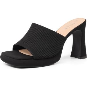 MUSSHOE High Platform Sandals for Women Square Toe Chunky Heel Block Heeled Sandals Slip On Open Toe Comfortable Sandals (6, Black Knit)