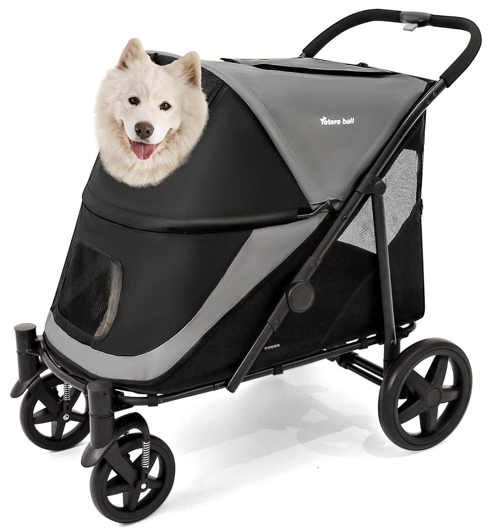 Dog Stroller for Medium/Large Dogs One-Click Folding 4 Wheel Pet Foldable Dog Stroller for 2 Dogs Jogger with Storage Pocket Suitable for Pets Up to 110LBS (Black&Grey)