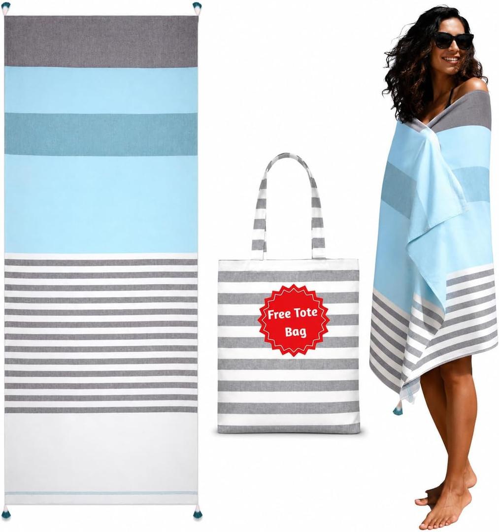 Folkulture Turkish Beach Towel 40 x 72 inch with Tote Bag | 100% Cotton, Machine Washable, Quick Dry, Sand Free Beach Towels Oversized for Beach Essentials for Family| Cute Pool Towel Toallas De Playa