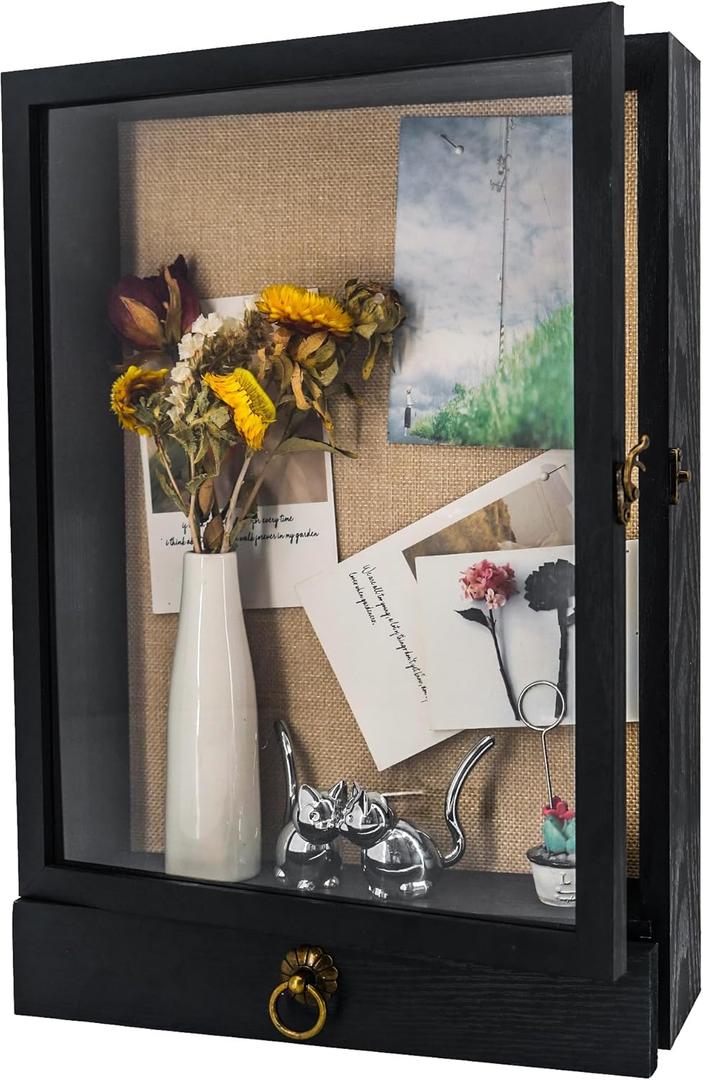 Deep Shadow Box Frame 11x16 with Drawer and Soft Line Back, Display Case Memory Box Real Glass for Keepsakes Collections, Medals, Bouquet Wall or Tabletop Black