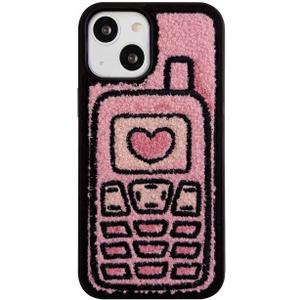 Compatible with iPhone 13 Case 6.1inch,Cute Embroidered Cellphone Furry Plush Phone Case,Pink Warm Fluffy Terry Texture Soft Shockproof Protective Cover for Cool Girls Women (Pink Cellphone)