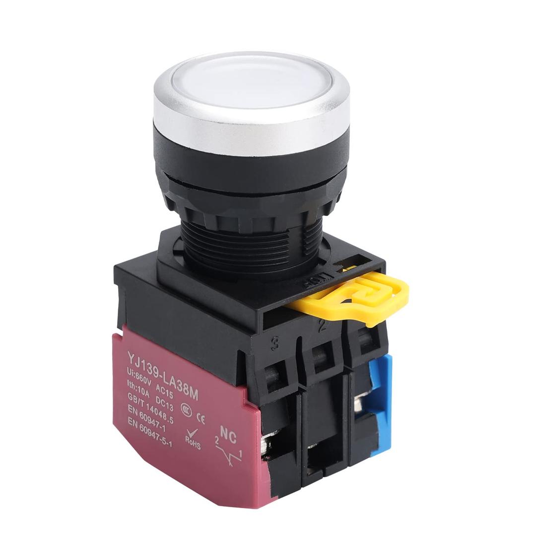 APIELE 22mm Latching Push Button Switch Metal Head Plastic Body 110V AC/DC Led 1NO 1NC Self-Locking (White)