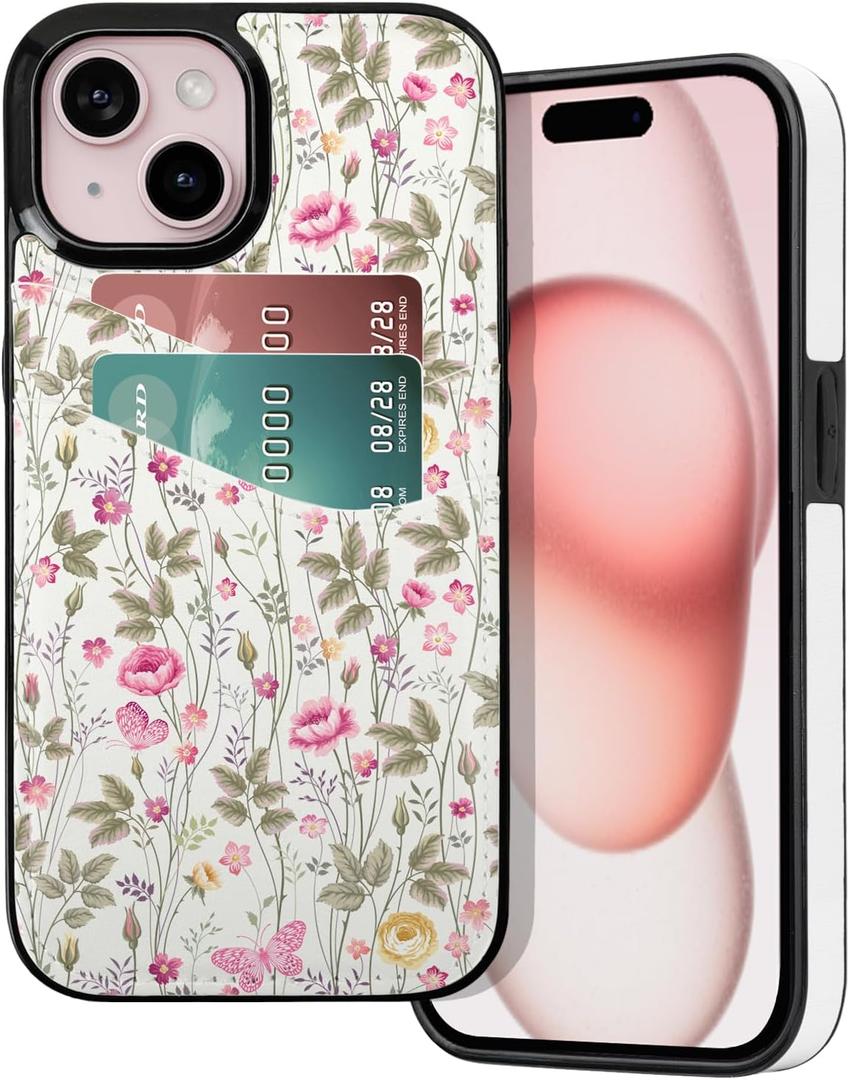 for iPhone 13/14/15 Wallet Case Card Holder Slot Slim Cute Design Soft Leather Protective Phone Case with 2 Credit Card Pockets Cover for 6.1 inch for Women Girls,Butterfly Flowers