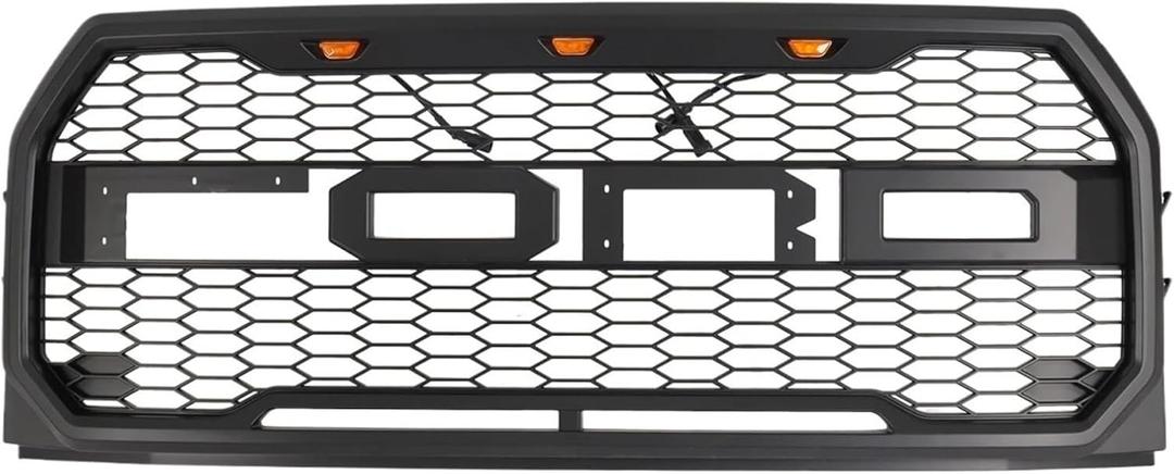 Front Grill Compatible With Ford F150 2015-2017 Rap-tor Style Mesh Grille Matte Black W/ 3 LED Lights