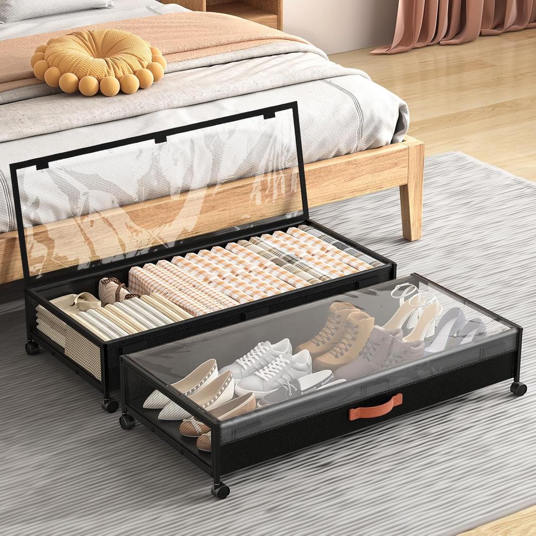 Under Bed Storage with Wheels, 54L XXL Larger Under Bed Storage Containers with Clear Lids, 36'' Lengthen Under Bed Shoe Organizer, Rolling for Shoes Clothes(Black 2 Pack, XXL(36"x16.6"x7.28"))