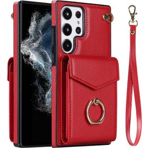 Asuwish Phone Case for Samsung Galaxy S23 Ultra 5G Wallet Cover with Screen Protector and Ring Stand Credit Card Holder Leather Kickstand Cell Accessories S23ultra 23S S 23 S23ultra5g Women Men Red