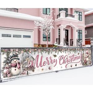 Merry Christmas Banner Snowman Christmas Decorations Outdoor Fence Banner for Winter Party Decor Xmas Yard Garden Porch Decorations Outdoor