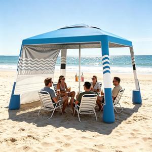 Beach Cabana, 8'X 8' Beach Canopy Tent Sun Shade, UPF 50+ Protection Silver-Coated Beach Tent Sun Shelter with Sandbags & Side Wall for Family, Portable Beach Shade, Easy Setup, Sky Blue
