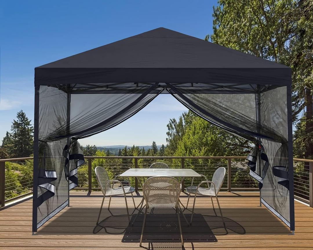 10x10 Pop Up Canopy Tent with Netting Walls Black | Silver‑coated Waterproof UV‑blocking with Bug‑proof Mesh and Straight Legs for Parties, Picnics, Camping