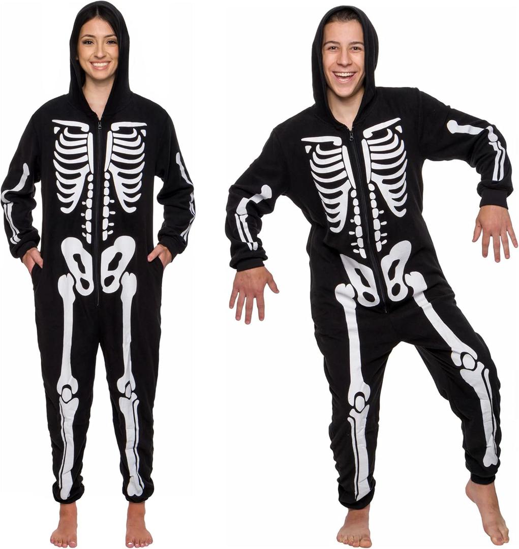 Funziez! Slim Fit Adult Onesie - Animal Halloween Costume - Plush Unisex One Piece Cosplay Suit for Women and Men (Medium, Skeleton)