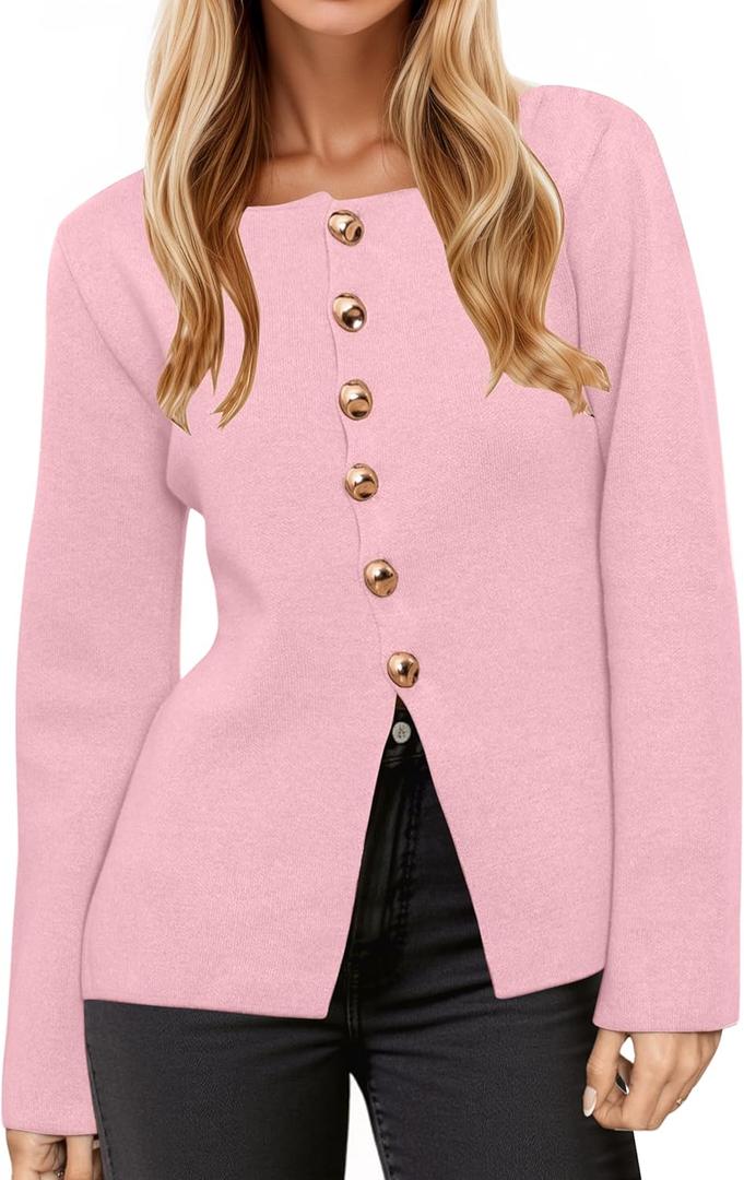 Button Up Cardigan Sweater for Women Long Sleeve Lightweight Knit Business Blazer Tops (Small, Pink)