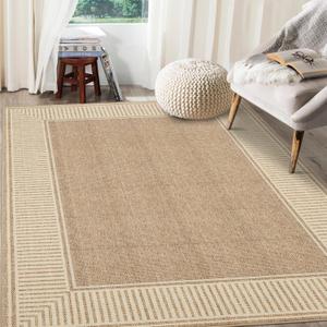 GarveeHome Washable Rug 5x7 for Bedroom Large Living Room Rug with Rubber Backing Casual Striped Border Throw Carpet Modern Contemporary Area Rug for Dining Room Nursery Entry, Khaki