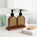 Glass Soap Dispenser Set with Wooden Tray, 13.5Oz Refillable Liquid Modern Soap Dispenser with Plastic Pump for Hand and Dish Set for Bathroom Countertop Decor (Dark Brown)