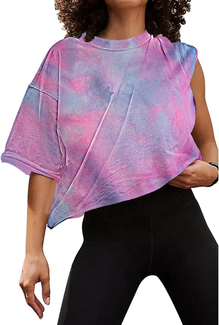 SOFIA'S CHOICE Women's Short Sleeve Tie Dye Crop Top Crew Neck Loose Summer Casual Tee Pink TD X-Large