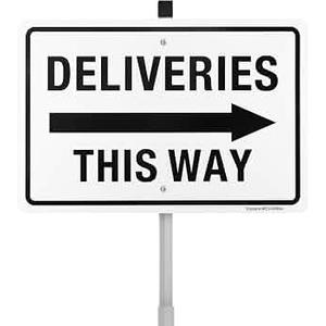 Deliveries Sign with Arrow Right with 28" Long Stake, 12" x 8" .040 Rust Free Aluminum - Reflective, UV Protected and Weatherproof (Arrow Right)