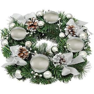 Christmas Advent Wreath 12-inch Advent Candle Holder Ring Artificial Christmas Wreath with Ribbon Pinecone for Advent Centerpiece Holiday Christmas Home Decoration NO Candles (Silver Basin Cup)