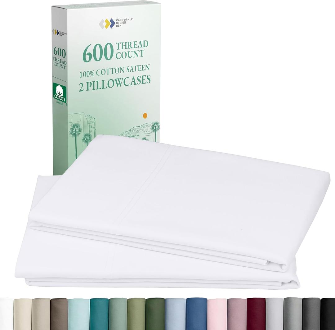 California Design Den Luxuriously Soft 600 Thread Count 100% Cotton King Size White Pillowcase Set of 2, Fits King Pillows (01 - Bright White)