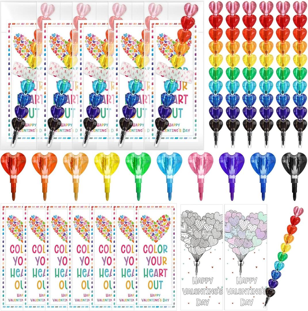 Sayglossy 15 Set Valentine's Day Gift Bulk Heart Stacking Crayons Colorful Stackable Buildable Crayons with Valentines Card Sticker Valentine Party Exchange Gift for Party Supplies