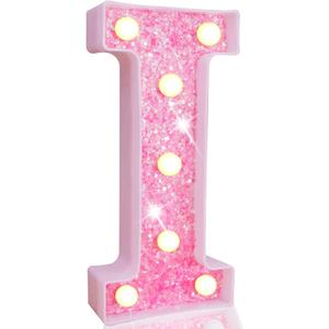 Pooqla LED Marquee Letter Lights, Light Up Pink Letters Glitter Alphabet Letter Sign Battery Powered for Night Light Birthday Party Wedding Girls Gifts Home Bar Christmas Decoration, Pink I (8.86"*4.13"*1.77")