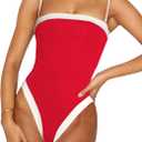 One Piece Swimsuit for Women Tummy Control Square Neck Swimwear Tie Back Bathing Suit (Red)