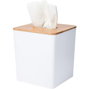 Tissue Box Cover Square,Tissue Box Holder with Bamboo Lid,Tissue Dryer Sheet Holder for Modern Farmhouse Boho Decor,1 Pack,(White)