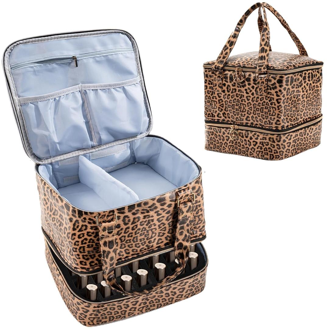 Uross Nail Polish Organizer Bag Holds 42 Bottles Nail Polish & Nail Lamp, Gel Nail Polish Organizers and Storage box for Nail Tech, Nail Kit Supplies Organizer Case - Leopard (Large - 11 x 9.5 x 9.5 inch (42 bottles))