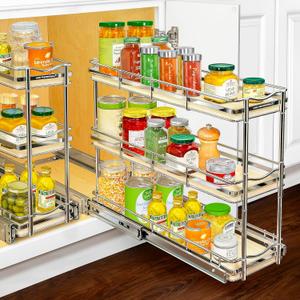 LYNK PROFESSIONAL lite Pull Out Spice Rack Organizer for Inside Kitchen Cabinets - 6"x21" - Slide Out Drawer  Wood/Chrome Sliding Spice Cabinet Organization Shelf Racks - 3 Tier