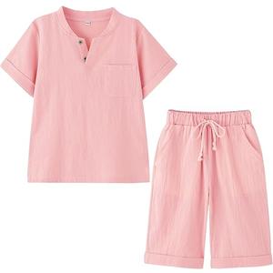 Boy's T-Shirt and Shorts Set Cotton Linen Summer Short Sleeve Children Two Pieces Clothing Pants Sets, Size 6Y