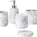 Bathroom Accessories Set, 5-Piece Ceramic Bath Accessory Complete Set with Lotion Dispenser/Soap Pump, Cotton Jar, Soap Dish, Tumbler and Toothbrush Holder (Marble Look)
