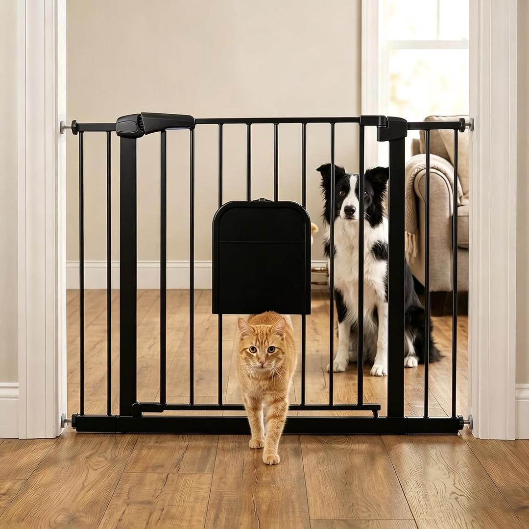 Metal Pet Gate with Cat Door, Adjustable Dog Gate for Doorways & Stairs, Pressure Mounted, Auto-Close, No Tools Needed, 29-45 Inches, Black