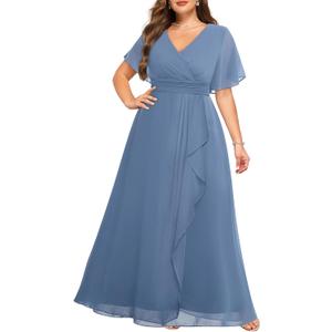 Talisea Plus Size Formal Dresses - Wedding Guest Bridesmaid Evening Prom Chiffon V Neck Ruffle Short Sleeves Long Dress Women (Grey Blue)