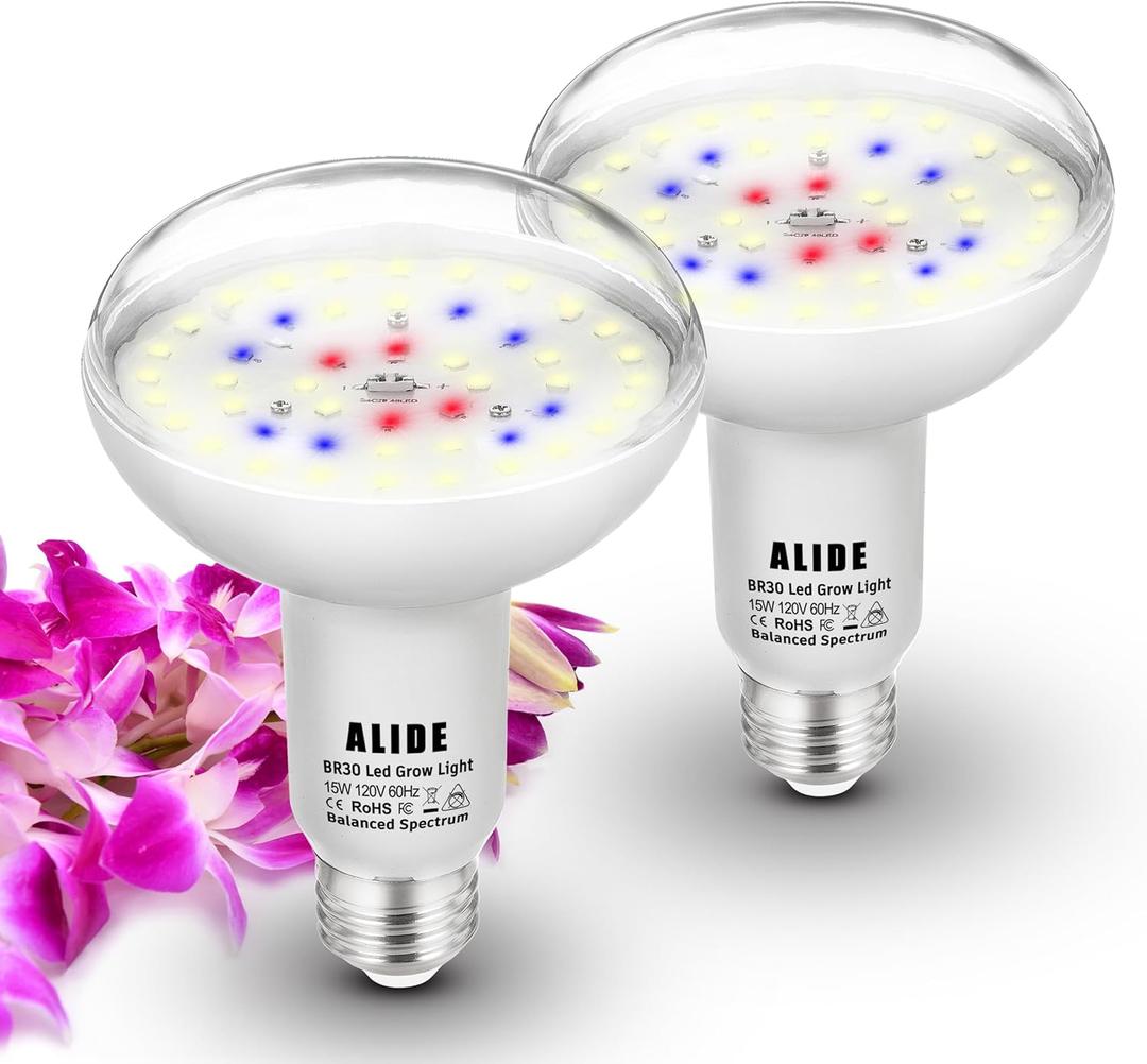 Full Spectrum BR30 Led Plant Grow Light Bulbs 15W 2000lm,E26 BR30 Floodlight Sun Plant Growing Lamp,200 Watt Equivalent,Balanced Spectrum 5000K Red Blue for Seeds Greens,Indore Garden, Hydroponic,2 Pcs