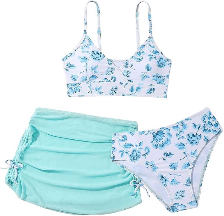 COZYEASE Girls' 3 Piece Set Floral Print Bikini Swimsuit with Drawstring Beach Skirt Cute Ruched Bathing Suit , 10 Years, Green and Blue