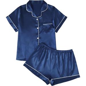 LILLUSORY Silk Satin Pajama Set for Women 2 Piece Lounge Pjs Winter Matching Summer Sleepwear Button Down Shirt Shorts (S)