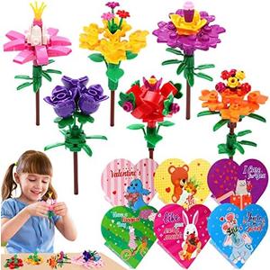 HINZER 22 Pack Valentines Day Gifts for Kids Flowers Blocks Buidling Kits Toys with Valentines Exchange Cards for Kids Classroom Valentine Party Favors Exchange Gifts School Prizes for Boys Girls