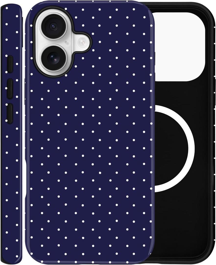 Magnetic Case for iPhone 17, Compatible with MagSafe, Aesthetic Polka Dot Cute Design for Women, Hybrid 2-Layer Hard Shell Phone Cover, Blue