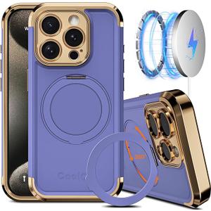 COOLQO for iPhone 15 Pro Max Case 6.7'' Upgraded 360° Spin Magnetic Stand [Compatible with Magsafe][Military Protection] Shockproof Protective Phone Holder Cover for iPhone 15 Pro Max, Purple Gold