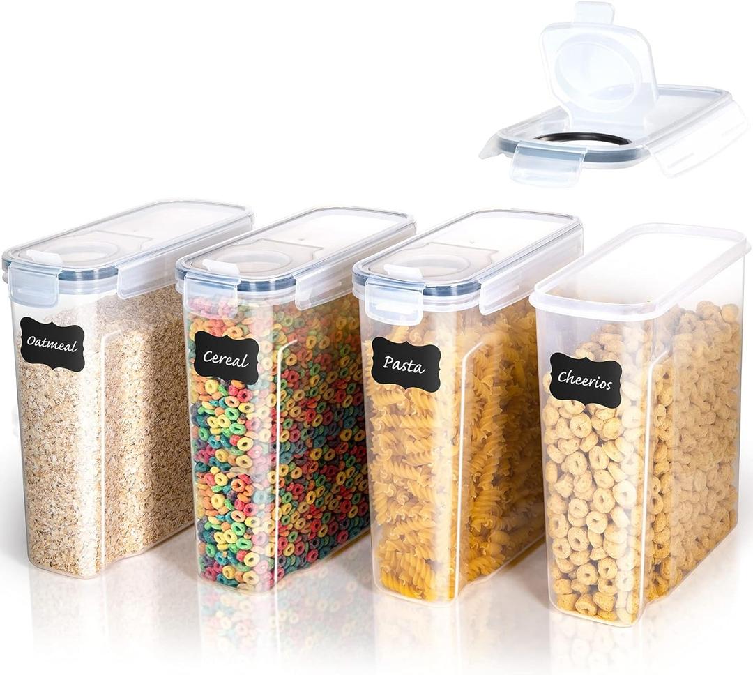 Cereal Container Storage Set - Airtight Food Storage Containers [Set of 4] - Large Kitchen Dispenser Keepers (4L / 135oz) - BPA Free, Easy Pouring Lid - Labels & Marker Included