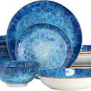 Elama Oceanus 16 Piece Round Shape Porcelain Double Bowl Dinnerware Set, Tableware Set, Table Setting- Service for 4 (Blue)