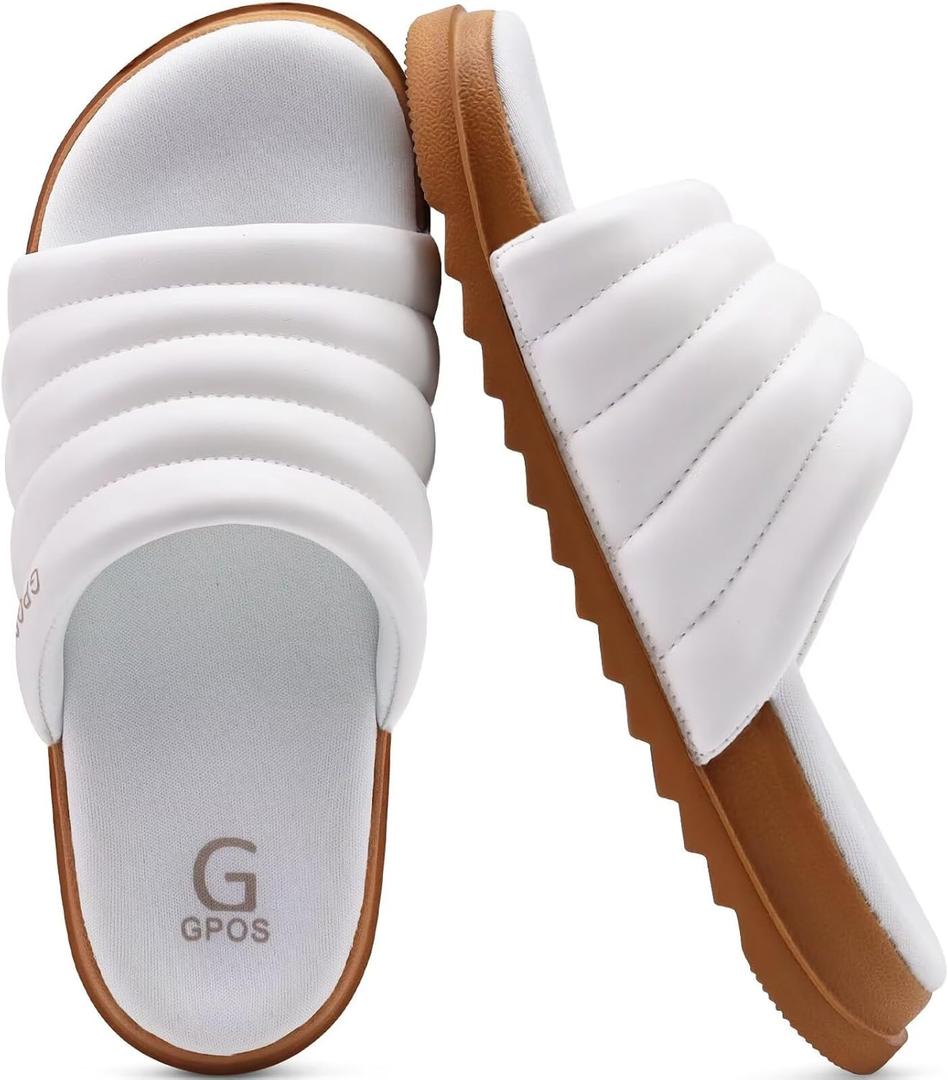 GPOS Womens Slides with Memory Foam Soft Cushioned Cozy House Slippers for Woman Comfy Open Toe Ladies Sandals Leather Slip on Bedroom Shoes Plantar Fasciitis Indoor Outdoor (White)