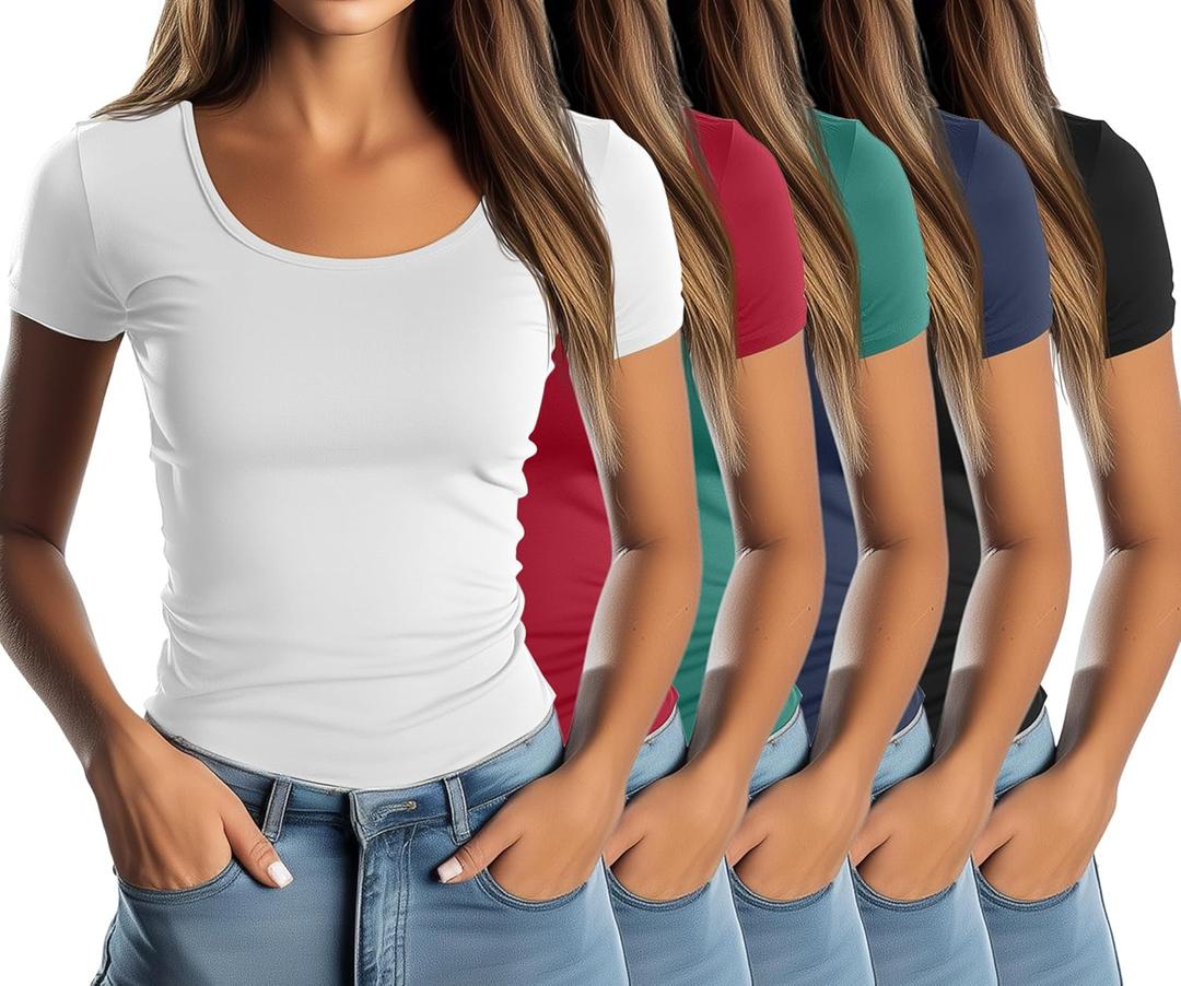5 Pack Women's Scoop Neck Short Sleeve Shirts Fitted Tops Bulk Casual Basic Stretchy Tight Summer Multipack Tees (S)