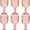 Pink Vintage Liquor Glasses Set of 6, 11 Ounces Colored Glass Water Goblets, Unique Embossed Pattern High Clear Stemmed Glassware Wedding Party Bar Glass Drinking Cups Fancy Glasses Hand Wash Only