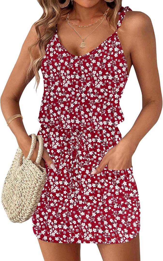 AUSELILY Womens Summer Dresses Sleeveless Spaghetti Strap Beach Cover up Drawstring Waist Mini Short Dress with Pockets (Red, XXL)