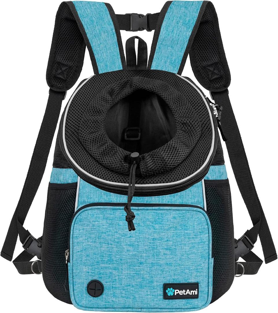 PetAmi Front Carrier Backpack for Dogs and Cats, Adjustable Ventilated Pet Chest Carrier for Hiking Camping Travel, Small Medium Dog Puppy Large Cat Carrying Bag, Max 10 lbs, Teal Blue (Medium (15x8x15.5)