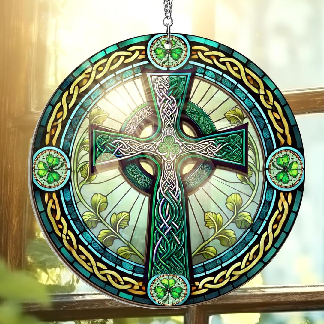 FLAGWIX St Patricks Day Decorations - Double Layered Hanging Suncatcher 6 in for Home Garden Decor - St Patricks Day Decorations, Celtic Cross Home Dcor, Irish Gifts for Men Women Friends Family